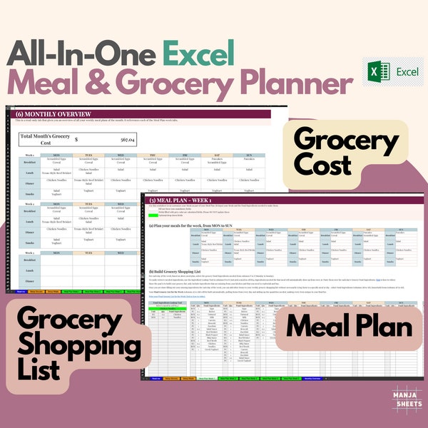 Meal Planner and Grocery List Excel Sheet, Meal Plan Template, Shopping List, Weekly Meal Planning, Expense Tracker, Digital Meal Planner