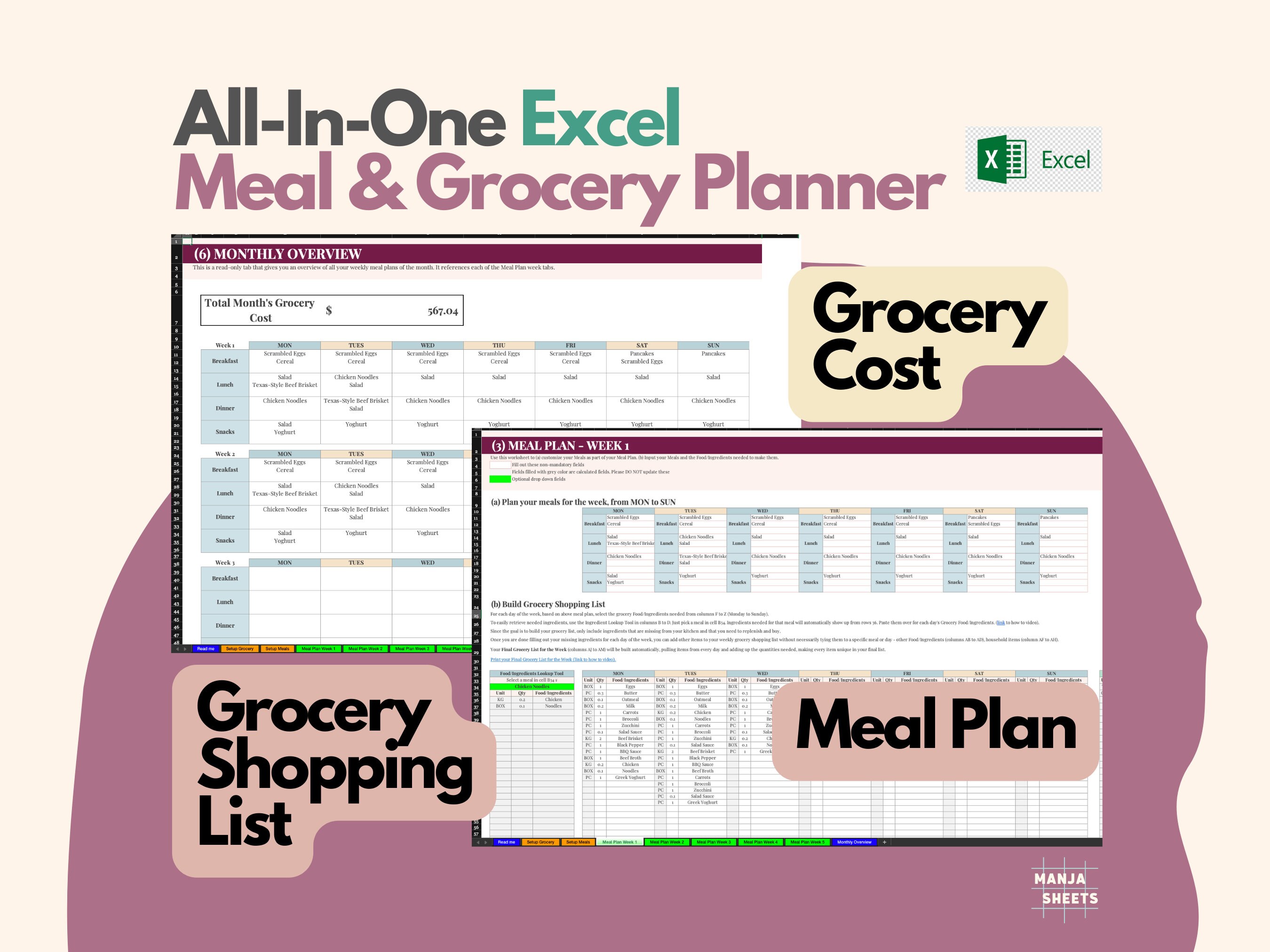 Grocery List And Meal Planner Excel Sheet Meal Plan Template Etsy