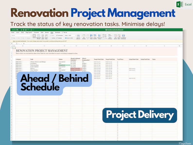 Pu&ograve; includere: Uno screenshot di un foglio di calcolo Excel intitolato "Renovation Project Management". Il foglio di calcolo tiene traccia delle attivit&agrave; di ristrutturazione, dello stato e delle scadenze. Il testo sull'immagine include "Ahead / Behind Schedule" e "Project Delivery".