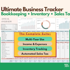 Op de afbeelding: Een digitale spreadsheet met de titel "Ultimate Business Tracker" met het Google Sheets-logo. De afbeelding toont financiële gegevens, grafieken en de tekst "The Complete Suite: Multi-Year Use, Income & Expenses, Inventory Tracking, Automated Sales Tax."