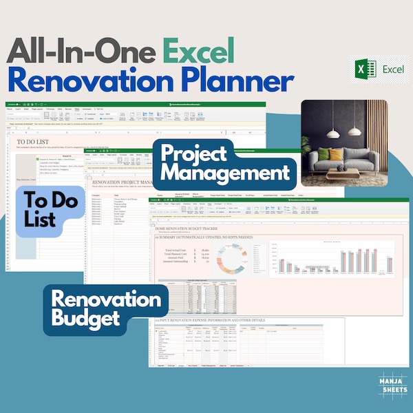 Renovation Planner, Interior Design Project Planner, Home Planner, Home Organization, Renovation Budget, Home Remodel Expense, Excel Sheet
