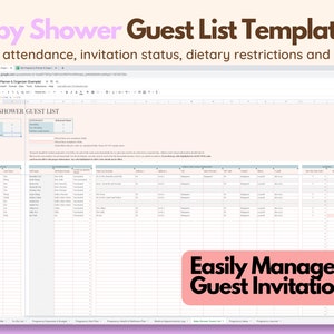 May include: A Google Sheets baby shower guest list template. The spreadsheet includes sections for tracking attendance, invitation status, dietary restrictions, and gifts. The text "Easily Manage Guest Invitations" is displayed in a pink box.