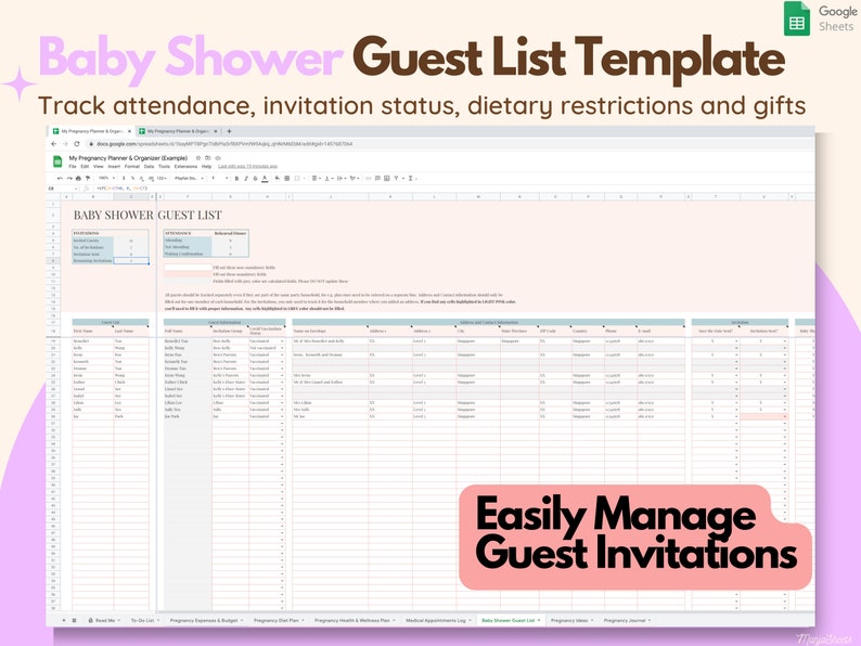 May include: A Google Sheets baby shower guest list template. The spreadsheet includes sections for tracking attendance, invitation status, dietary restrictions, and gifts. The text "Easily Manage Guest Invitations" is displayed in a pink box.
