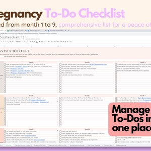 May include: A digital pregnancy to-do checklist in a Google Sheets document. The checklist is sorted by month, from 1 to 9, and includes a comprehensive list of tasks. The text "Manage all To-Dos in one place" is also visible.