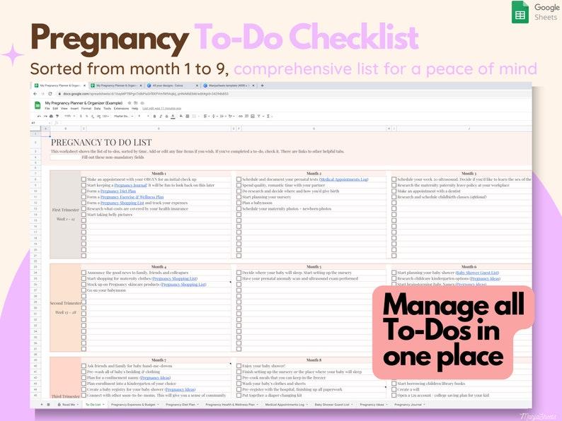 May include: A digital pregnancy to-do checklist in a Google Sheets document. The checklist is sorted by month, from 1 to 9, and includes a comprehensive list of tasks. The text "Manage all To-Dos in one place" is also visible.