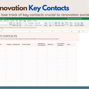 Pu&ograve; includere: Uno screenshot di un foglio di calcolo Excel intitolato "Renovation Key Contacts". Il foglio di calcolo include colonne per categoria, azienda, dettagli di contatto, attivit&agrave;, riferimento, termini e note. Il logo di Excel si trova in alto a destra.