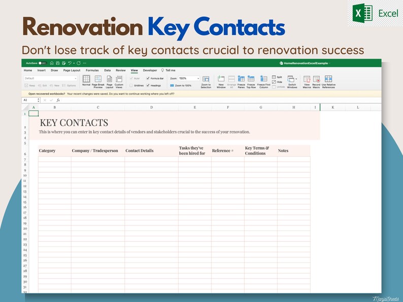 Pu&ograve; includere: Uno screenshot di un foglio di calcolo Excel intitolato "Renovation Key Contacts". Il foglio di calcolo include colonne per categoria, azienda, dettagli di contatto, attivit&agrave;, riferimento, termini e note. Il logo di Excel si trova in alto a destra.