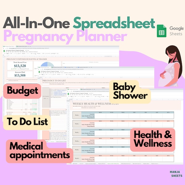 Digital Pregnancy Planner, Pregnancy Organizer Pregnancy Spreadsheet, Google Spreadsheet, Pregnancy Gift, Pregnancy Expenses