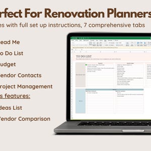 Pu&ograve; includere: Un laptop con un foglio di calcolo Excel per la pianificazione di ristrutturazioni. Lo schermo mostra una lista di cose da fare, un budget e i contatti dei fornitori. Il testo include "Read Me", "To Do List" e "Project Management".