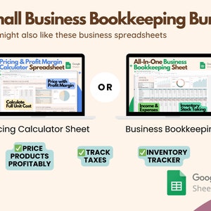 Op de afbeelding: Een digitale bundel voor de boekhouding van kleine bedrijven. De afbeelding toont twee laptopschermen met Google Sheets-spreadsheets. E&eacute;n is een prijscalculator, de andere een boekhoudsheet. Belangrijke functies worden met vinkjes gemarkeerd.