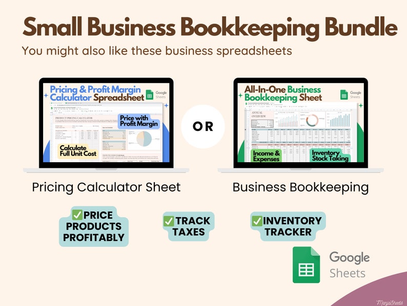 Op de afbeelding: Een digitale bundel voor de boekhouding van kleine bedrijven. De afbeelding toont twee laptopschermen met Google Sheets-spreadsheets. E&eacute;n is een prijscalculator, de andere een boekhoudsheet. Belangrijke functies worden met vinkjes gemarkeerd.