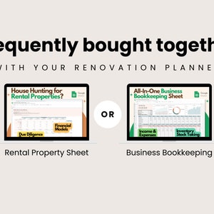 Pu&ograve; includere: Immagine con due schermi di laptop. Uno mostra un "Rental Property Sheet" con le etichette "Due Diligence" e "Financial Models". L'altro mostra un "Business Bookkeeping Sheet" con le etichette "Income & Expenses" e "Inventory Stock Taking". Il testo recita "Frequently bought together".