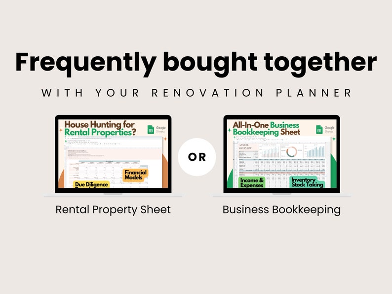 Pu&ograve; includere: Immagine con due schermi di laptop. Uno mostra un "Rental Property Sheet" con le etichette "Due Diligence" e "Financial Models". L'altro mostra un "Business Bookkeeping Sheet" con le etichette "Income & Expenses" e "Inventory Stock Taking". Il testo recita "Frequently bought together".