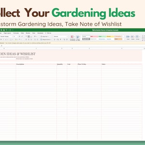 Puede incluir: Una hoja de c&aacute;lculo titulada "Ideas de jard&iacute;n y lista de deseos" con columnas para Art&iacute;culo, Planta, Descripci&oacute;n, Cantidad, Coste, Lugar de compra y Notas. Esta hoja de c&aacute;lculo est&aacute; dise&ntilde;ada para ayudar a los jardineros a generar ideas y llevar un registro de sus listas de deseos.