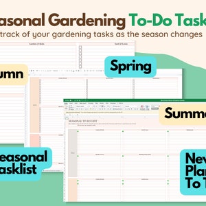 Puede incluir: Una hoja de c&aacute;lculo de Excel imprimible con una lista de tareas de jardiner&iacute;a estacionales. La hoja de c&aacute;lculo est&aacute; dividida en cuatro secciones: oto&ntilde;o, primavera, verano y nuevas plantas para probar. Cada secci&oacute;n tiene una lista de tareas para completar para esa estaci&oacute;n.