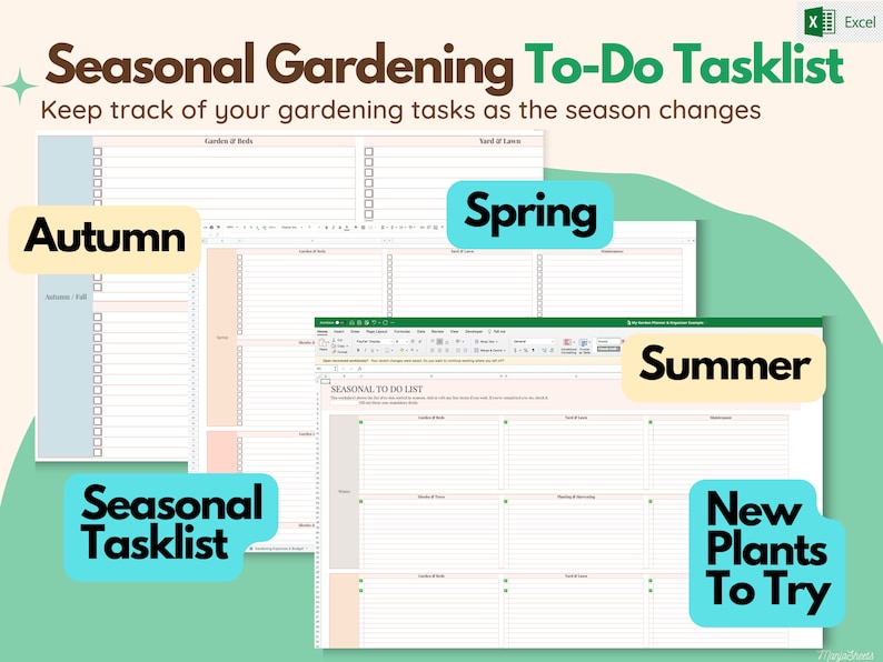Puede incluir: Una hoja de c&aacute;lculo de Excel imprimible con una lista de tareas de jardiner&iacute;a estacionales. La hoja de c&aacute;lculo est&aacute; dividida en cuatro secciones: oto&ntilde;o, primavera, verano y nuevas plantas para probar. Cada secci&oacute;n tiene una lista de tareas para completar para esa estaci&oacute;n.