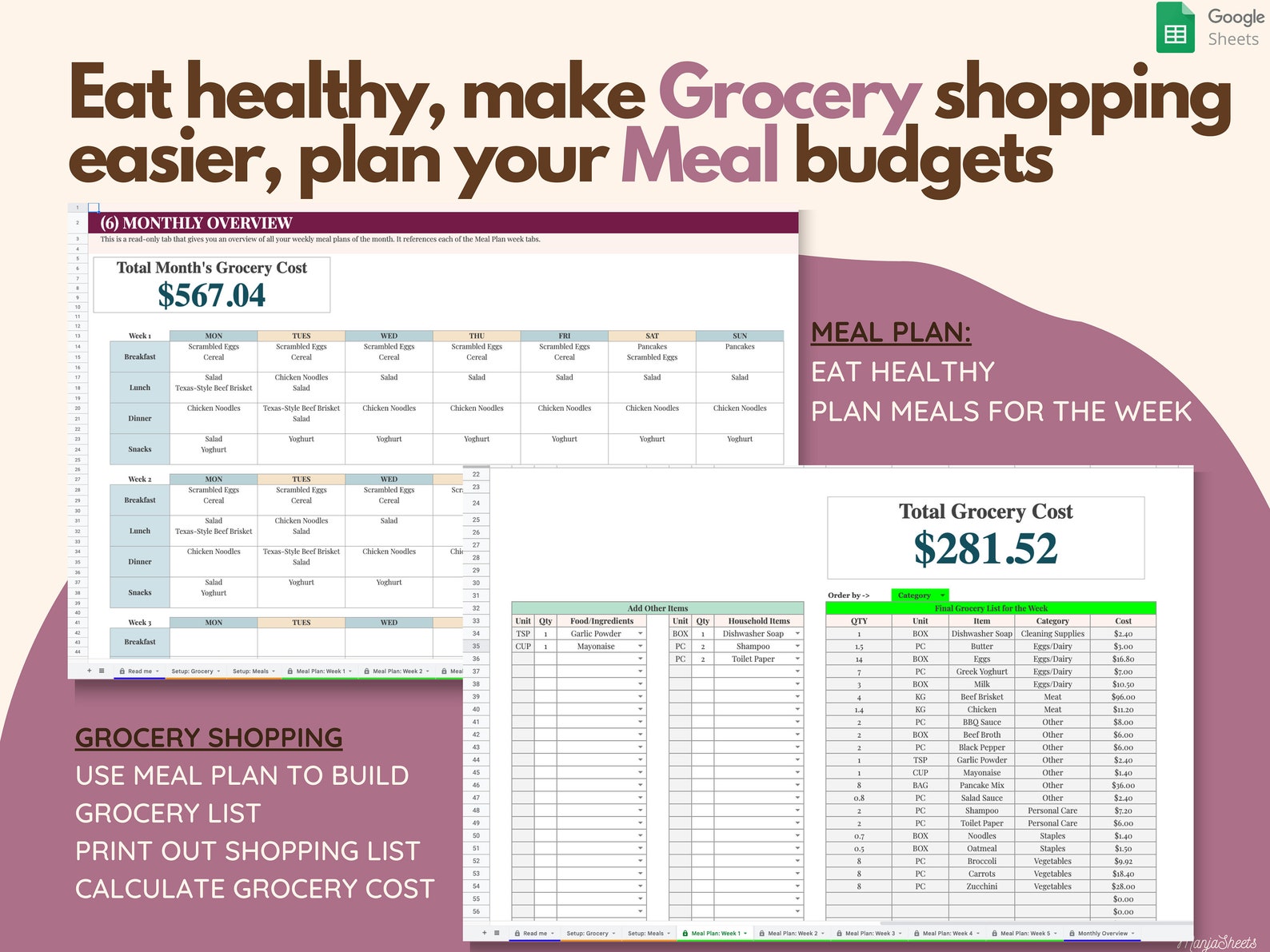 Grocery List and Meal Planner Google Sheets Meal Plan Etsy