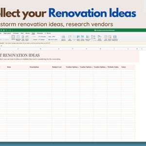 Pu&ograve; includere: Uno screenshot di un foglio di calcolo Excel intitolato "LISTA IDEE RISTRUTTURAZIONE". Il foglio di calcolo include colonne per Categoria, Articolo, Descrizione, Costo del budget, Opzioni fornitore, Link al sito Web e Note. La parte superiore dell'immagine recita "Raccogli le tue idee per la ristrutturazione".