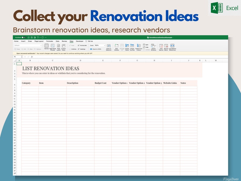 Pu&ograve; includere: Uno screenshot di un foglio di calcolo Excel intitolato "LISTA IDEE RISTRUTTURAZIONE". Il foglio di calcolo include colonne per Categoria, Articolo, Descrizione, Costo del budget, Opzioni fornitore, Link al sito Web e Note. La parte superiore dell'immagine recita "Raccogli le tue idee per la ristrutturazione".