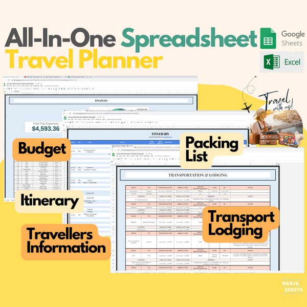 Travel Planner, Itinerary Template, Travel Packing List, Travel Journal, Travel Spreadsheet, Digital Planner Template, Google Sheet, Excel