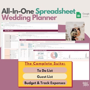 Op de afbeelding: Afbeelding van een spreadsheet voor een huwelijksplanner met de tekst "All-In-One Spreadsheet Wedding Planner". De spreadsheet bevat secties voor takenlijsten, gastenlijsten en budgettracking. Een foto van een stel is ook inbegrepen.