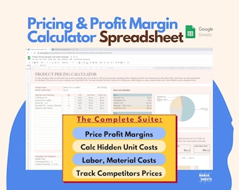 Może przedstawiać: Cyfrowy arkusz kalkulacyjny zatytułowany "Pricing & Profit Margin Calculator Spreadsheet" z logo Google Sheets. Arkusz kalkulacyjny zawiera kalkulator cen produktów oraz sekcję zatytułowaną "The Complete Suite" z funkcjami takimi jak marże zysku i śledzenie cen konkurencji.