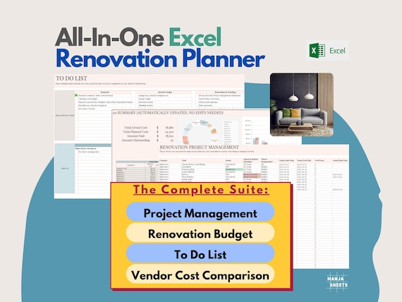 Home Renovation Planner: Renovation Task Tracker, Budget Planner, Interior Design, Home Organization, Project Planner (Excel Spreadsheet)