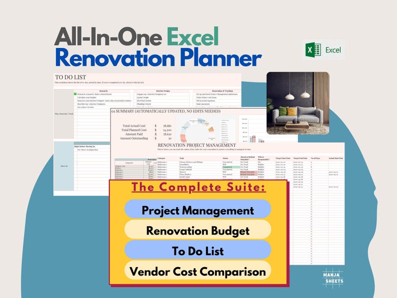 Pu&ograve; includere: Immagine di un pianificatore di ristrutturazione basato su Excel. Include una "Lista delle cose da fare", un riepilogo e sezioni di gestione del progetto. Il testo recita "All-In-One Excel Renovation Planner" e "The Complete Suite: Project Management, Renovation Budget, To Do List, Vendor Cost Comparison."