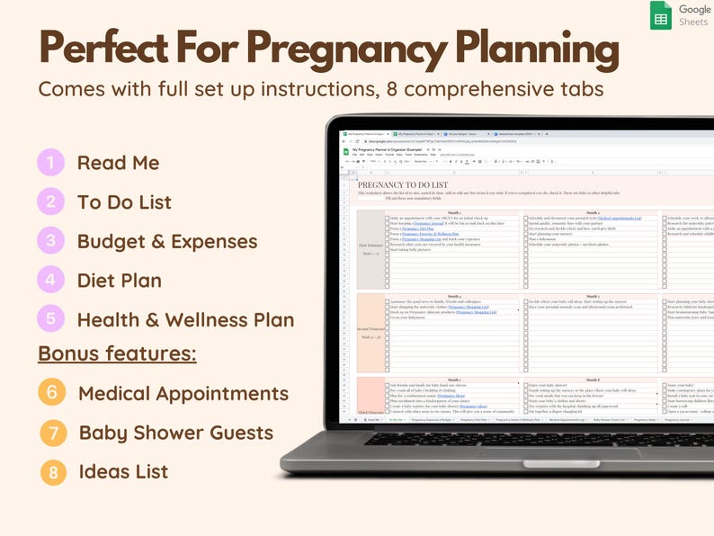 Digital Pregnancy Planner (Google Sheets): First Time Mom Gift, Birth Plan Template, Baby Gift, Maternity Journal, Baby Planner & Shopping image 2