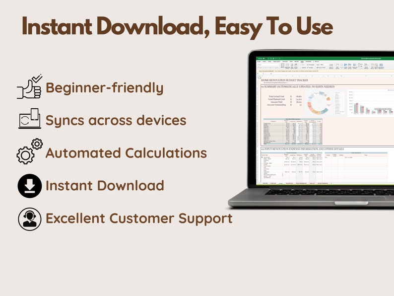Pu&ograve; includere: Un laptop mostra un foglio di calcolo con grafici e tabelle. Il testo sullo schermo include "Home Renovation Budget Tracker". L'immagine presenta anche testo come "Instant Download, Easy To Use" e icone.