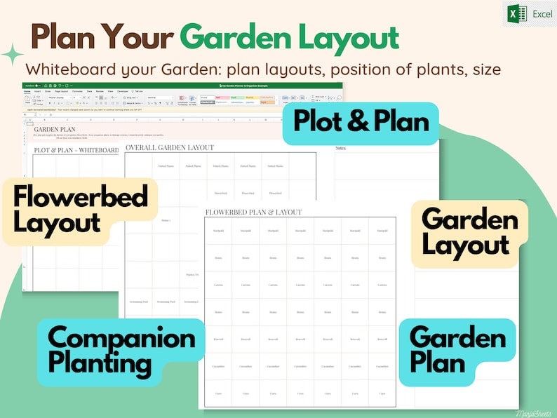 Puede incluir: Una hoja de c&aacute;lculo imprimible para la planificaci&oacute;n de jardines en formato Excel. La hoja de c&aacute;lculo incluye secciones para un plan de jard&iacute;n, un dise&ntilde;o de macizos de flores y una plantaci&oacute;n complementaria.