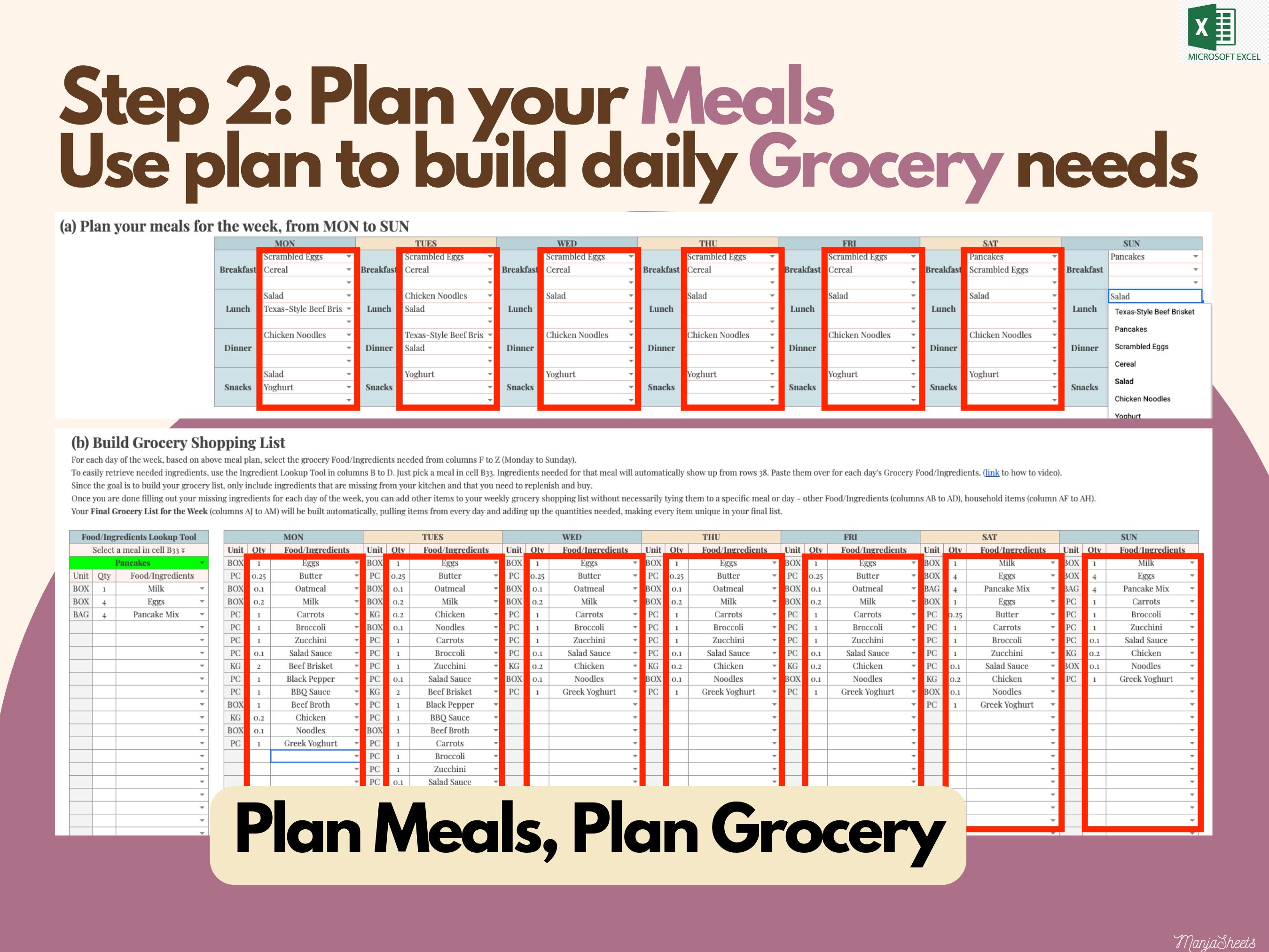 Weekly Meal Planner Excel Template: Grocery List & Expense Tracker - Etsy