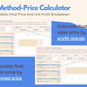 May include: A digital spreadsheet titled "2 Method-Price Calculator" calculates final price and unit profit breakdown. The calculator shows final sales price by profit margin and planned price. The spreadsheet includes charts and data fields.