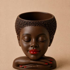 Afrocentric Face Planter, Chocolate Brown Woman Head Pot, Indoor Decor (7.5 Inch)