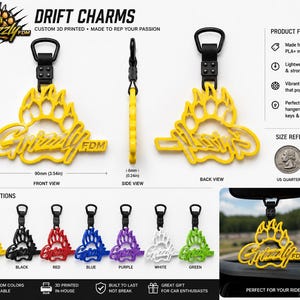 May include: A yellow 3D printed bear paw charm with the text Grizzly FDM, featuring a black attachment clip. The charm measures 90mm by 85mm by 6mm. The image displays front, side, and back views, color options, and a US quarter for scale.