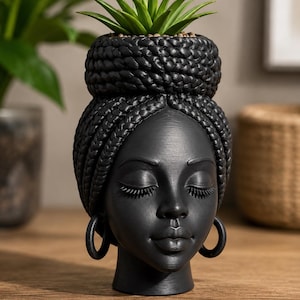 African Queen Planter, Black Woman Head Pot, Braided Bun Hair, Afrocentric Decor