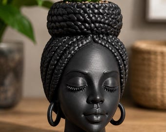 Maceta Reina Africana, Maceta con cabeza de mujer negra, Moño trenzado, Decoración afrocéntrica