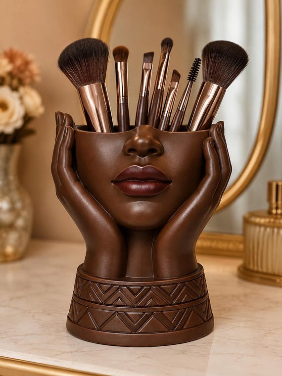 Afrocentric Makeup Brush Holder, Black Woman Sculpture, African Geometric Vanity Organizer