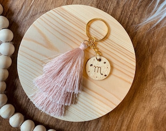 Houten Hout Gebrande Zodiac Sign Tassel Sleutelhanger