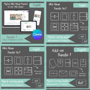 Digital Mini Album Planner to use in CANVA (Templates for digital/hybrid scrapbooking) & Cutting Guides for 50 page styles - Bundle No.2