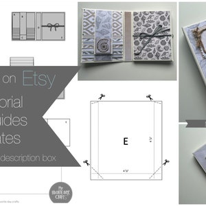 Puede incluir: Un collage de im&aacute;genes que muestra un tutorial para hacer un folio de 15,24 x 20,32 cm. El tutorial incluye un video, gu&iacute;as de corte y plantillas. El folio est&aacute; decorado con un tema de conchas marinas y tiene un fondo blanco con acentos grises. El texto "My favorite Folio 2" es visible en la imagen.