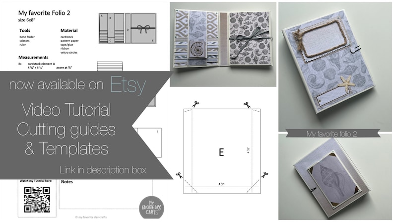 Puede incluir: Un collage de im&aacute;genes que muestra un tutorial para hacer un folio de 15,24 x 20,32 cm. El tutorial incluye un video, gu&iacute;as de corte y plantillas. El folio est&aacute; decorado con un tema de conchas marinas y tiene un fondo blanco con acentos grises. El texto "My favorite Folio 2" es visible en la imagen.