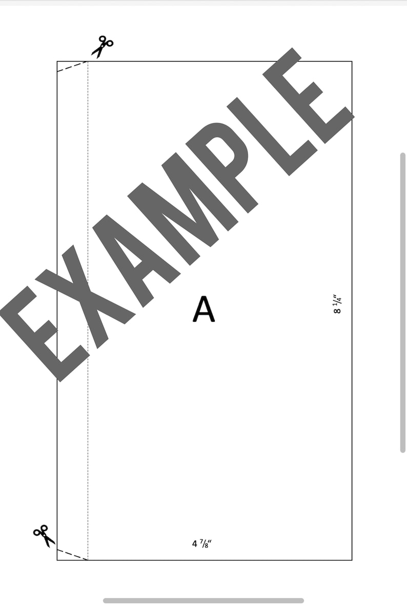 Puede incluir: Un patr&oacute;n de costura para un proyecto etiquetado como "A" con medidas de 8 1/4 pulgadas por 4 7/8 pulgadas.