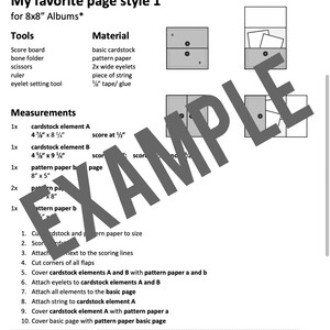 Puede incluir: Un diagrama en blanco y negro que muestra c&oacute;mo hacer una p&aacute;gina de &aacute;lbum de recortes para un &aacute;lbum de 20,3 cm x 20,3 cm. El diagrama muestra las medidas del papel de cartulina y el papel de patr&oacute;n necesarios, as&iacute; como los pasos involucrados en el montaje de la p&aacute;gina.