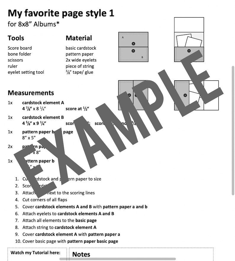 Puede incluir: Un diagrama en blanco y negro que muestra c&oacute;mo hacer una p&aacute;gina de &aacute;lbum de recortes para un &aacute;lbum de 20,3 cm x 20,3 cm. El diagrama muestra las medidas del papel de cartulina y el papel de patr&oacute;n necesarios, as&iacute; como los pasos involucrados en el montaje de la p&aacute;gina.