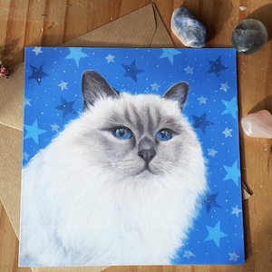 Carte de voeux chat de Birmanie avec étoiles / Carte d'anniversaire de chat de Birmanie / Carte de fête des mères de chat de Birmanie / Carte de fête des pères