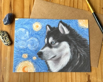 Husky with Van Gogh Starry Night Greetings card / Husky Birthday card