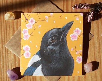 Magpie with Cherry Blossom Greetings card