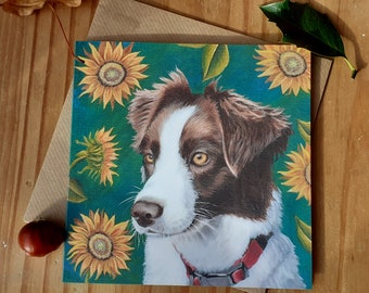 Collie with Sunflowers Greetings card / Collie Birthday card / Red collie card