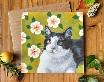 Black and White Cat with Flowers Greetings card